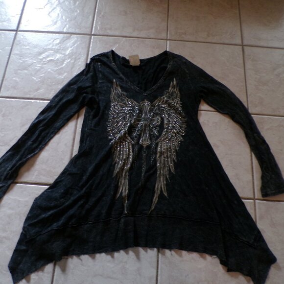 Vocal Shirt Womens Medium Crystal Studded Black Gray Y2K Wings Grunge Rhinestone - Picture 6 of 10